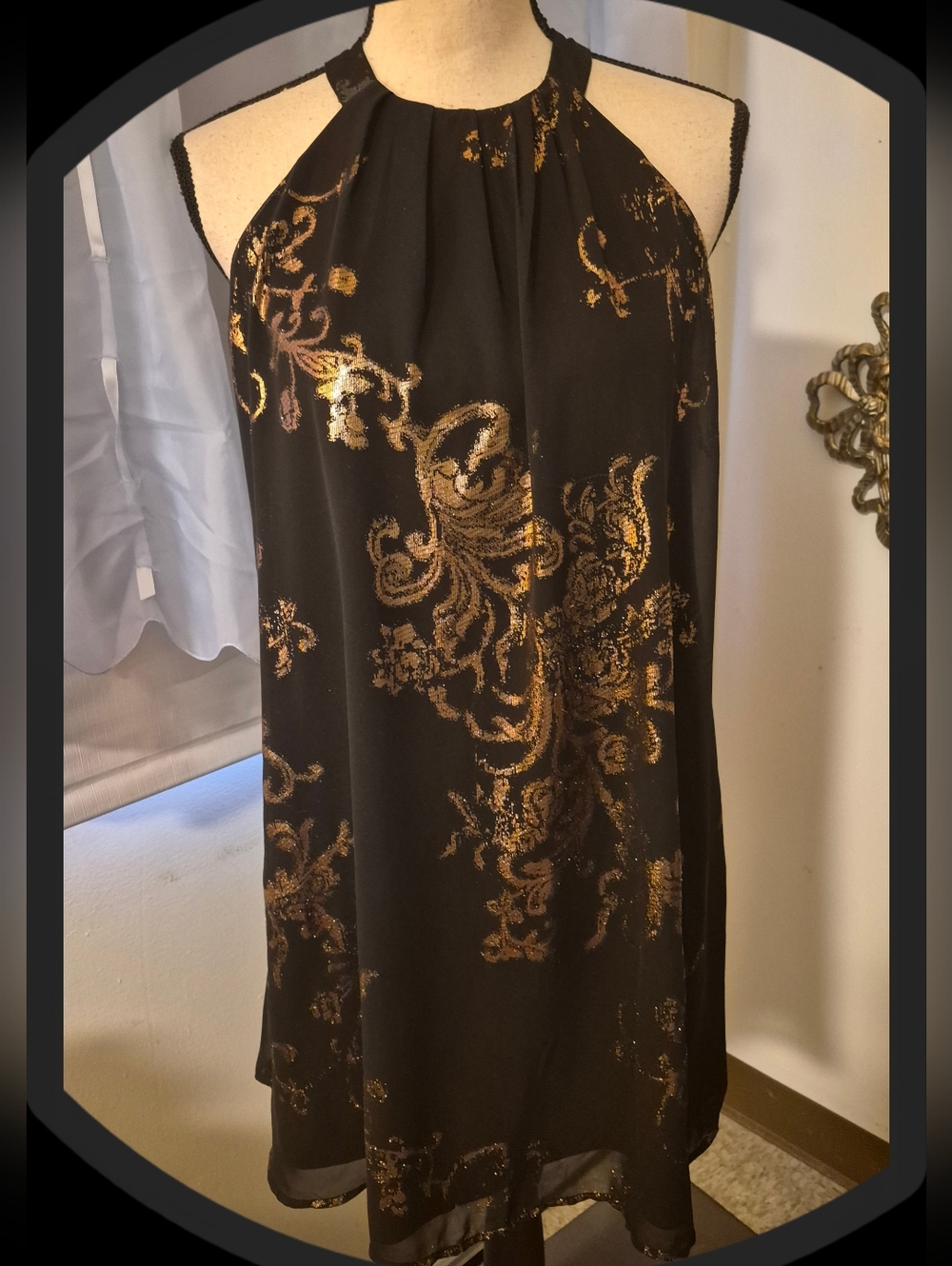 One ❤️ Clothing Black Sheer Overlay Metallic Gold Foil Halter Cocktail Dress